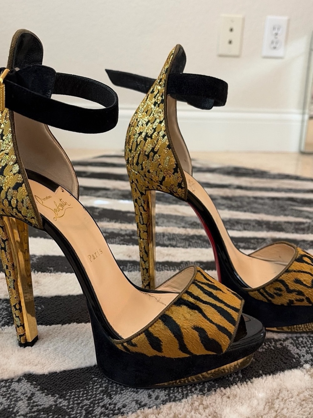 Christian Louboutin Black & Leopard Print Ankle-Strap Heels. US size 11 - Picture 2 of 4